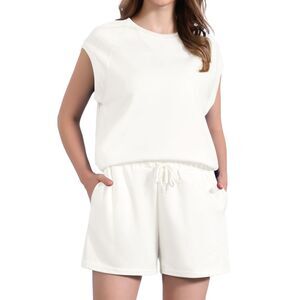 2 Piece Short Sets Summer Cap Sleeve Tops Shorts Travel Sweat Sets White
